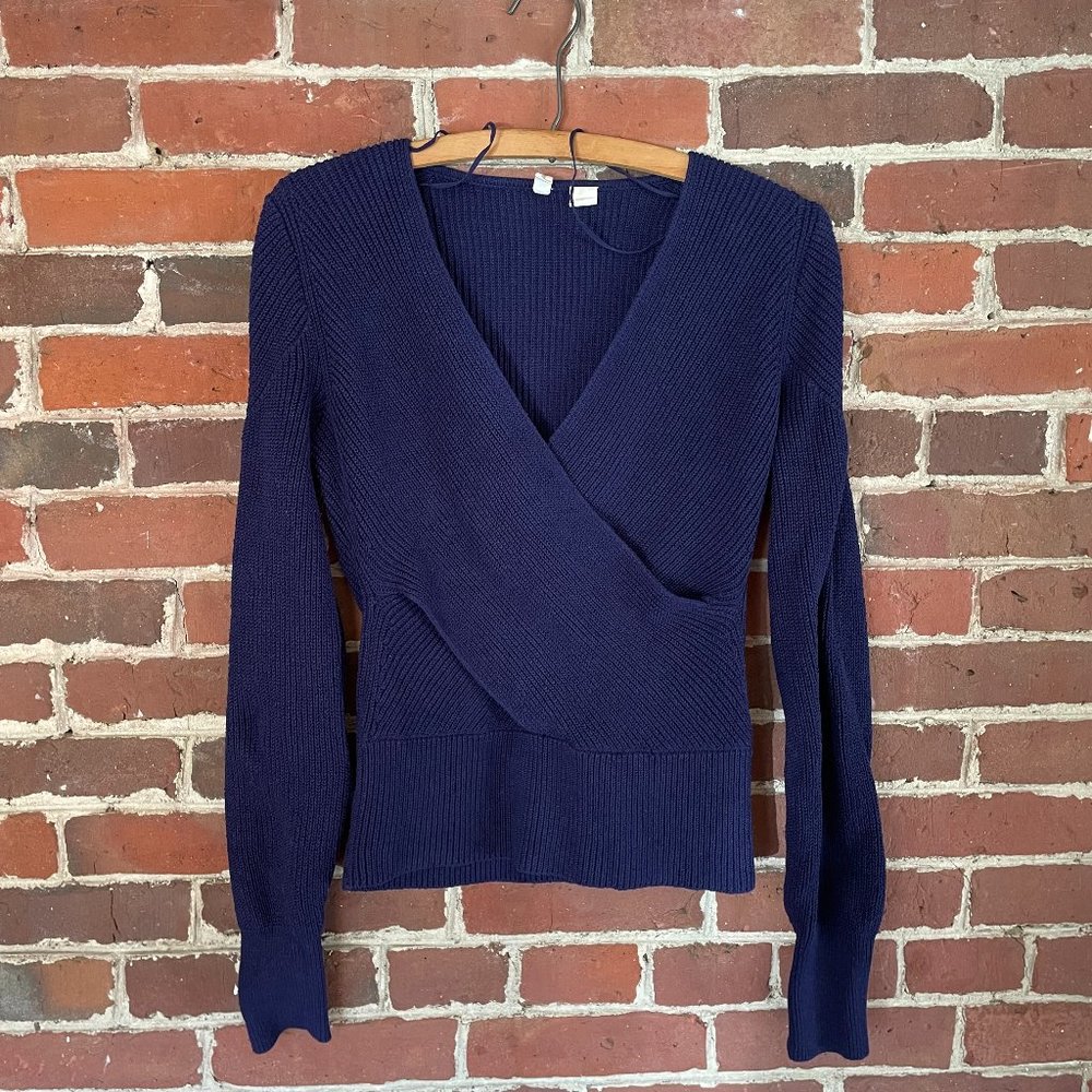 Anthropologie Moth Liza Wrap Surplice V-Neck Sweater in Navy, size Small